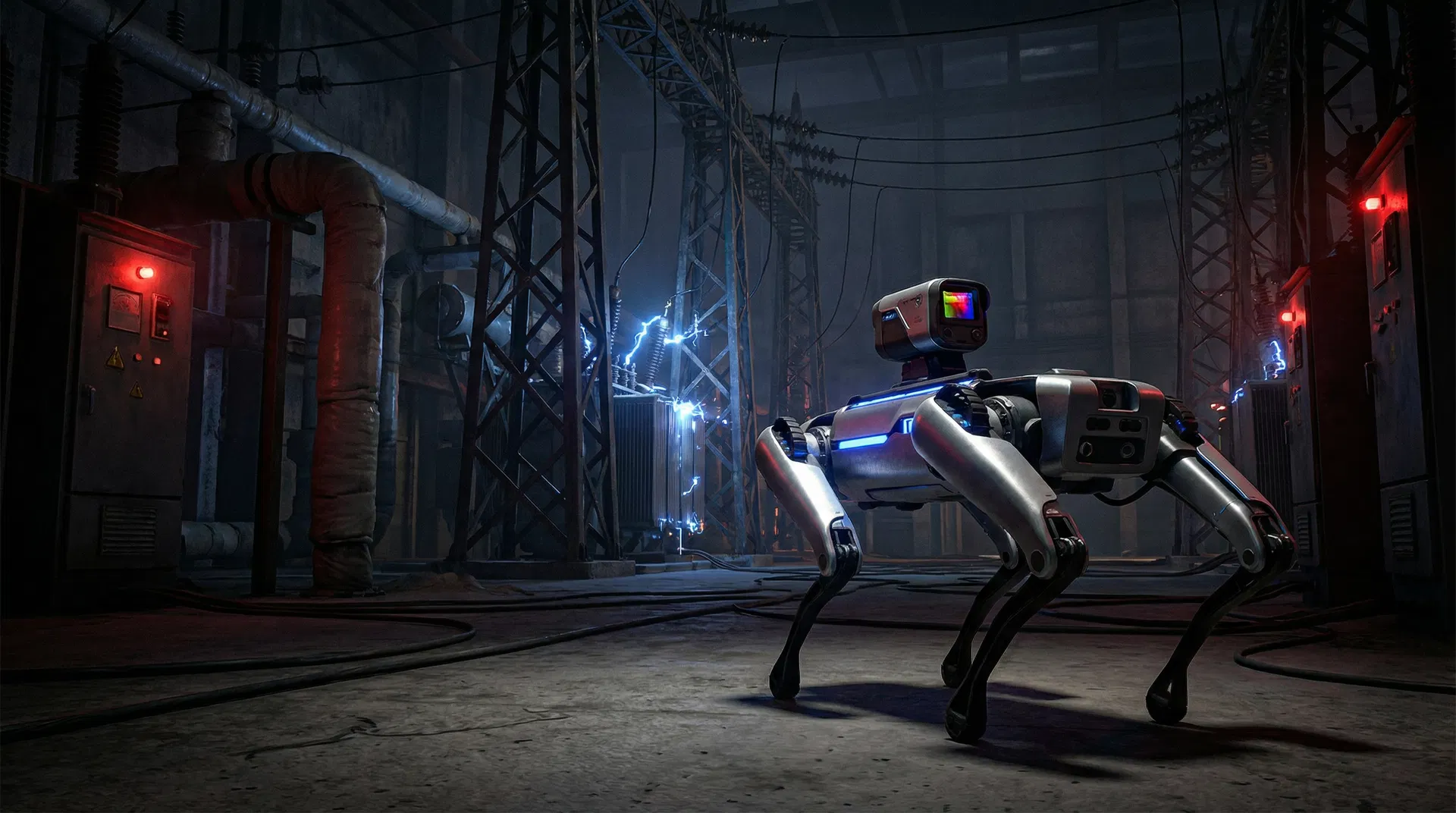 Quadruped robotic dog performing intelligent inspection in industrial facility