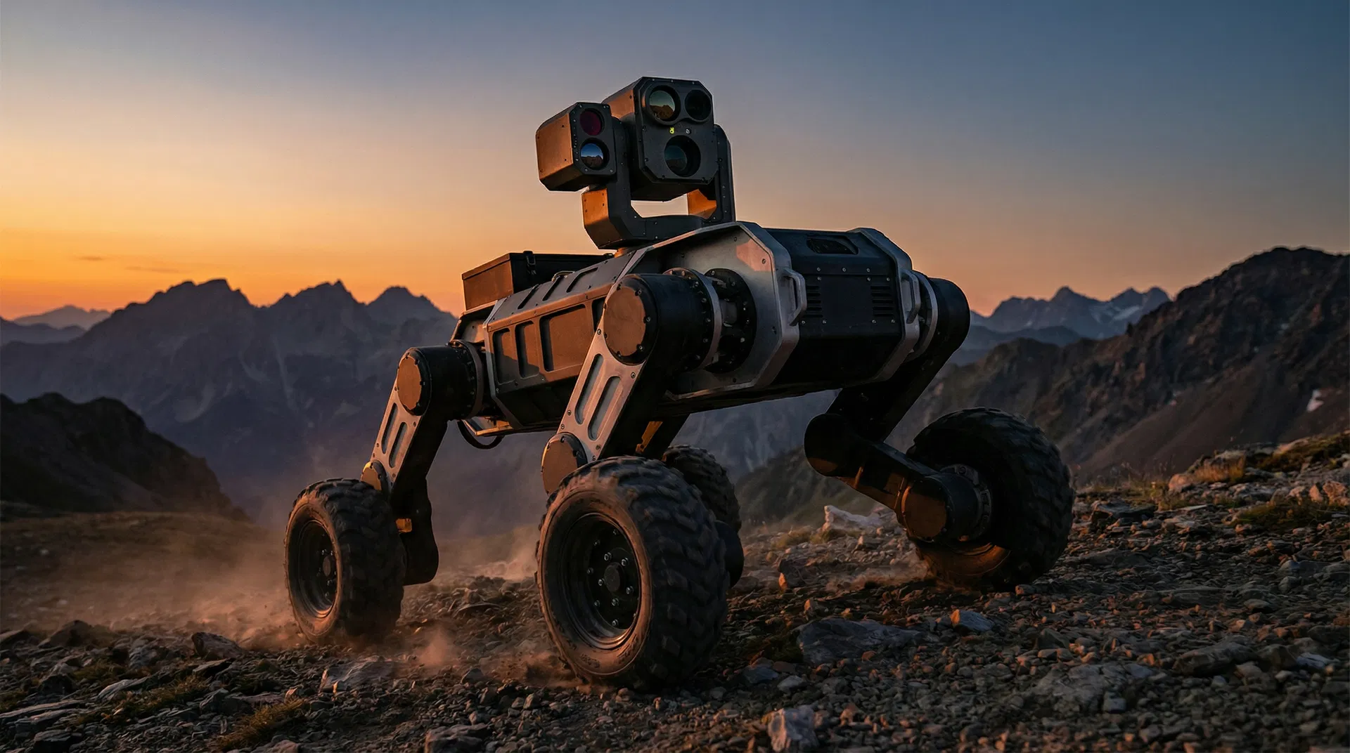 Large wheel-legged robot traversing outdoor terrain for tactical inspection